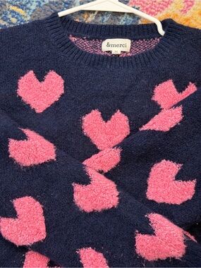 &merci Navy and Pink Crew Neck Pullover Sweater Intarsia Hearts Fuzzy Relaxed